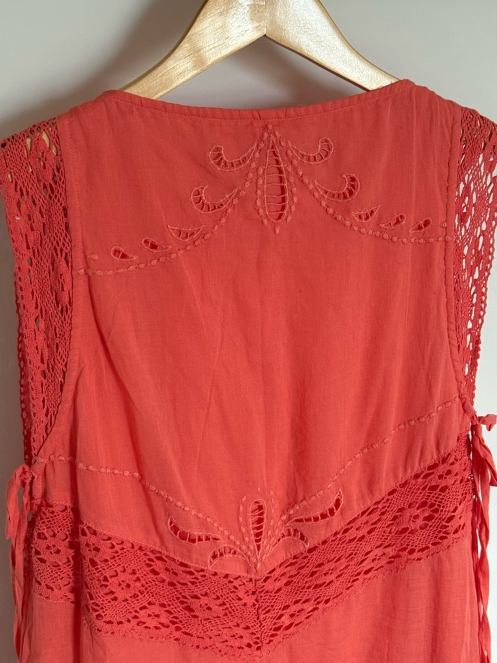 Free People Winifred Mini Dress Red Guava Coral Lace Tassel 100% Cotton Small - Picture 7 of 15
